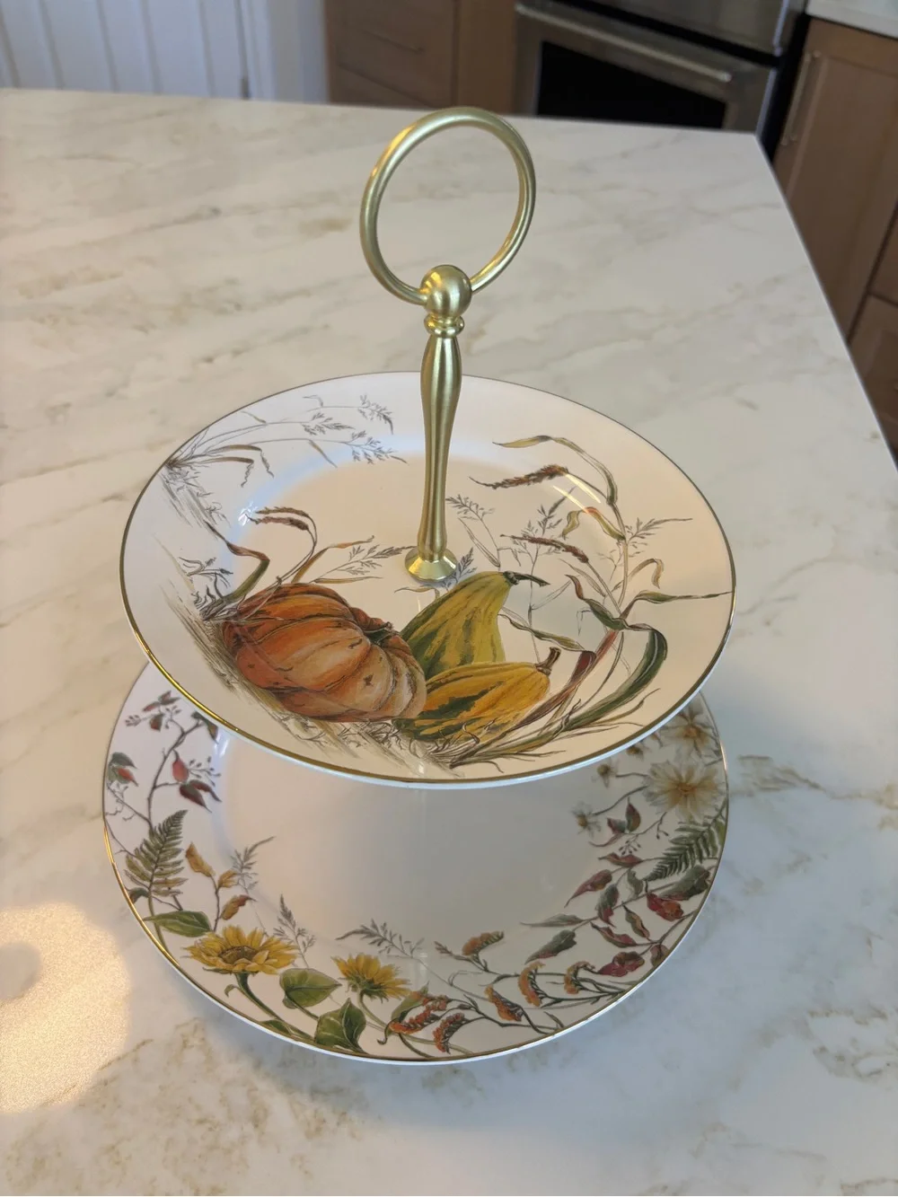 Pottery Barn - Bedford Two-Tier Porcelain Serving Stand in Gold and White NIB
